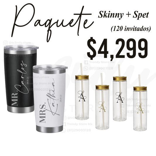 Paquete de Vasos para Boda 120 Invitados | Skinny PET 20oz + Vasos de Novios Acero 20oz Regular