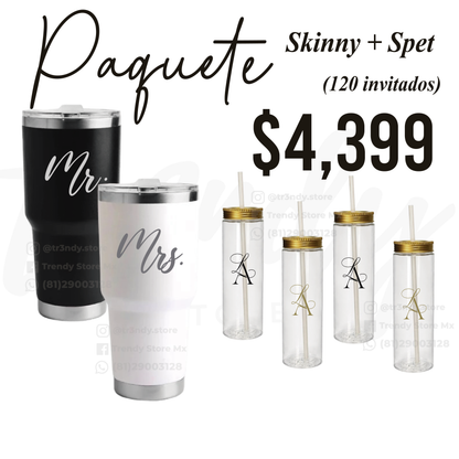 Paquete de Vasos para Boda 120 Invitados | Skinny PET 20oz + Vasos de Novios Acero 30oz