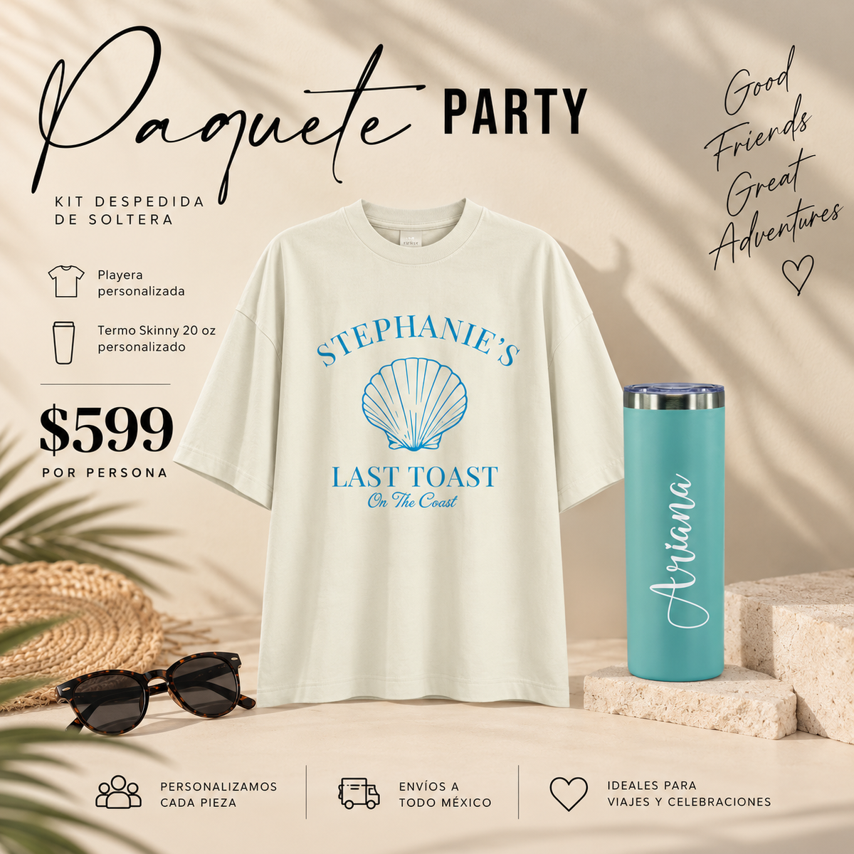 Kit Despedida de Soltera Playa | Playera + Termo Skinny 20 oz Personalizados · Party
