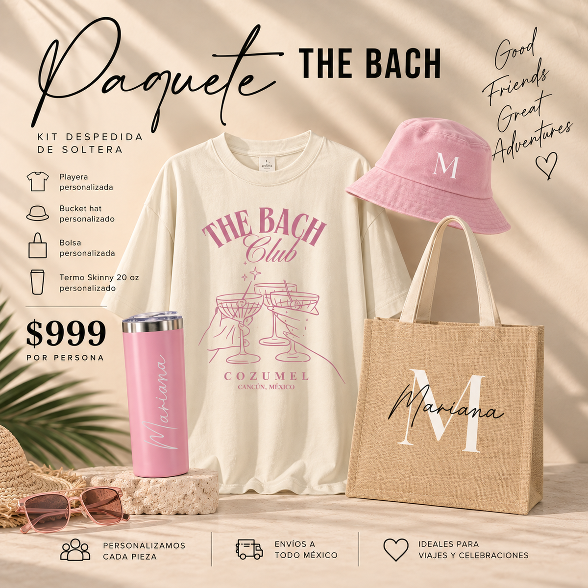 Kit Despedida de Soltera Playa | Playera + Bucket Hat + Bolsa + Termo Skinny 20 oz · The Bach