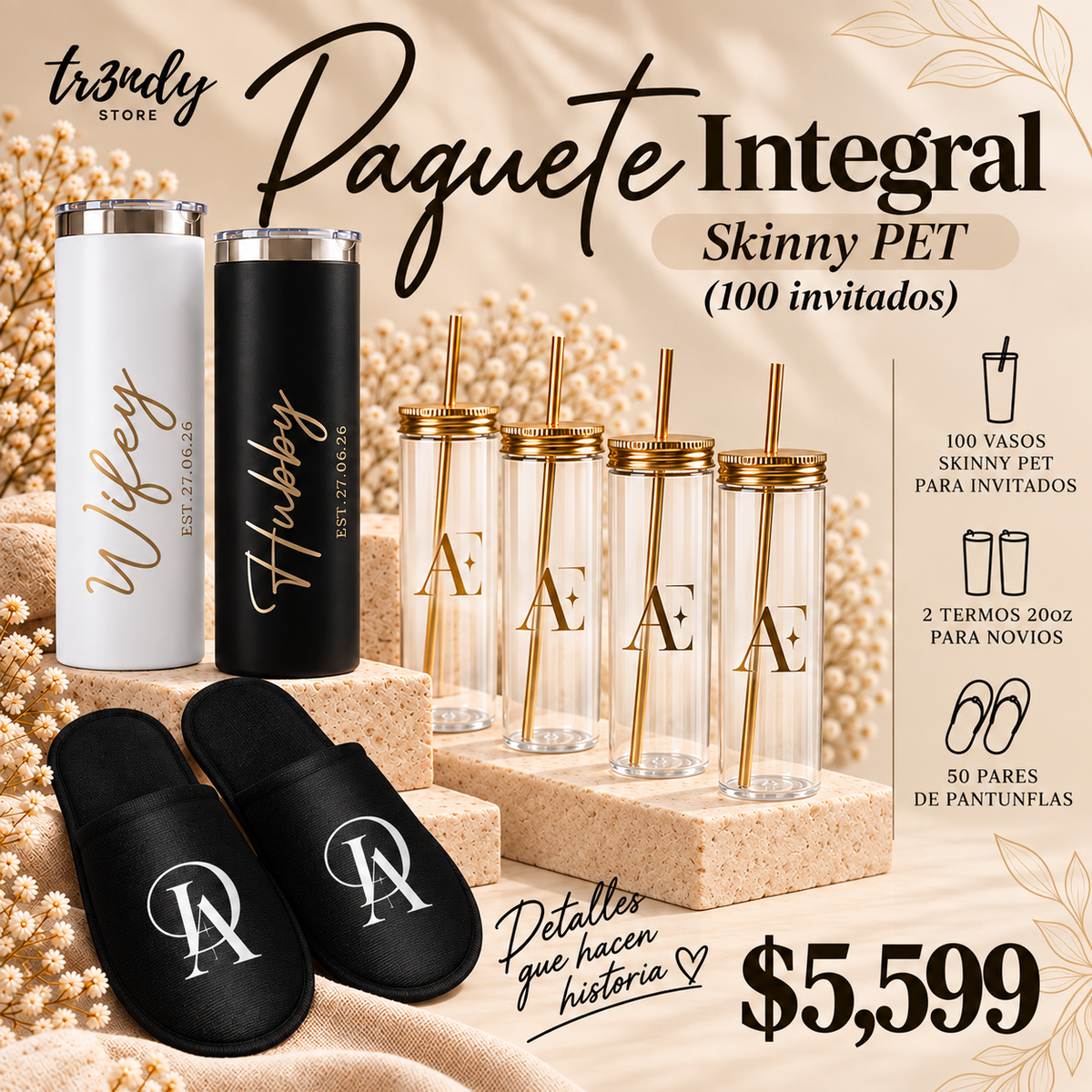 Paquete Integral para Boda | 100 Invitados · Vaso Skinny Pet  20 oz + Pantunflas