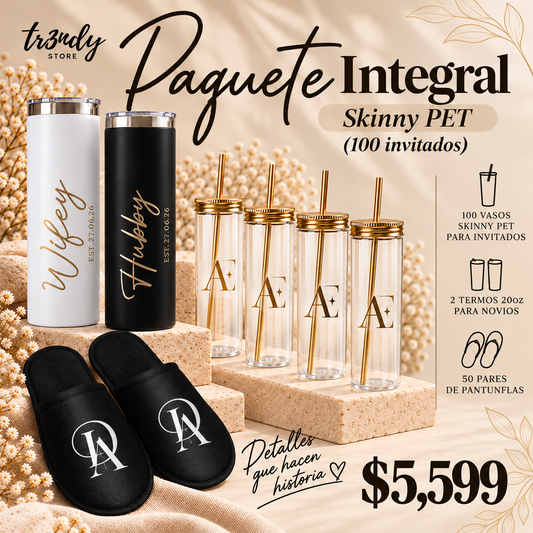 Paquete Integral para Boda | 100 Invitados · Vaso Skinny Pet  20 oz + Pantunflas