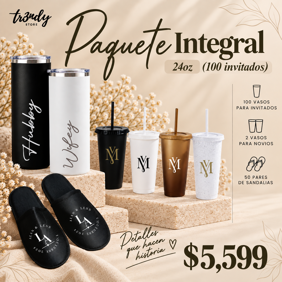 Paquete Integral para Boda | 100 Invitados · Vaso Liberty 24 oz + Pantunflas