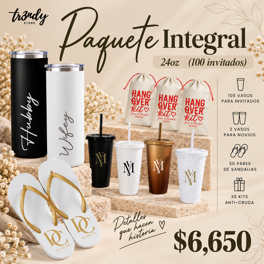 Paquete Integral para Boda | 100 Invitados · Vaso Liberty 24 oz + Sandalias+ Kit Anti-Cruda