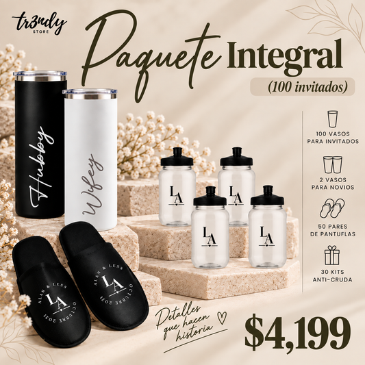 Paquete Integral para Boda | 100 Invitados · Vaso 500ml + Pantunflas
