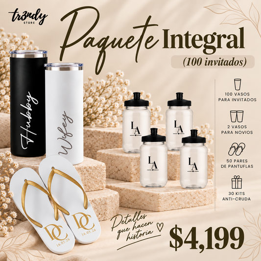 Paquete Integral para Boda | 100 Invitados · Vaso 500ml + Sandalia