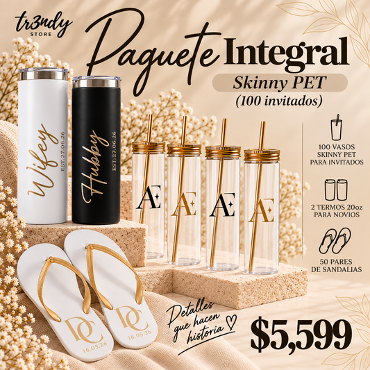 Paquete Integral para Boda | 100 Invitados · Vaso Skinny Pet 20 oz + Sandalias