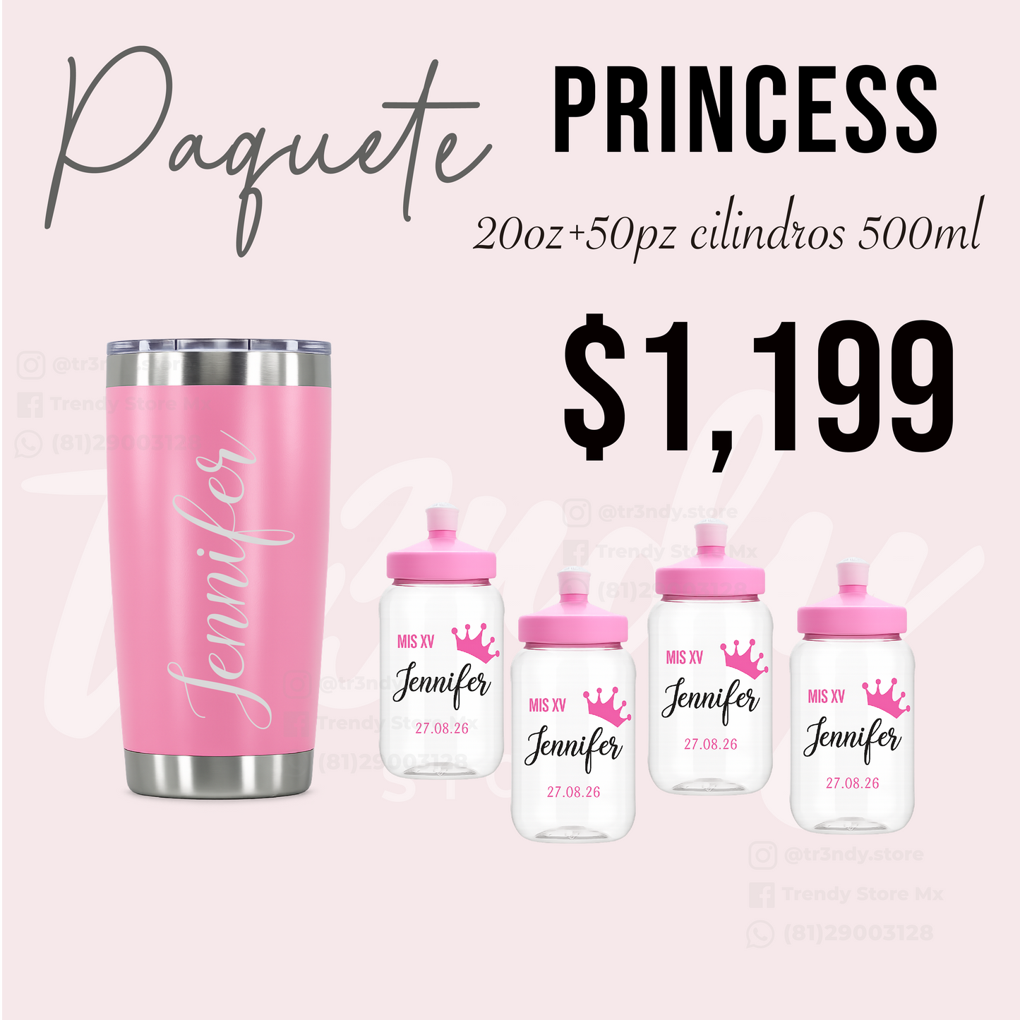 👑 Paquete Princess XV Años | 50 Invitados | Vaso Cilindro 500 ml + Vaso Térmico 20 oz