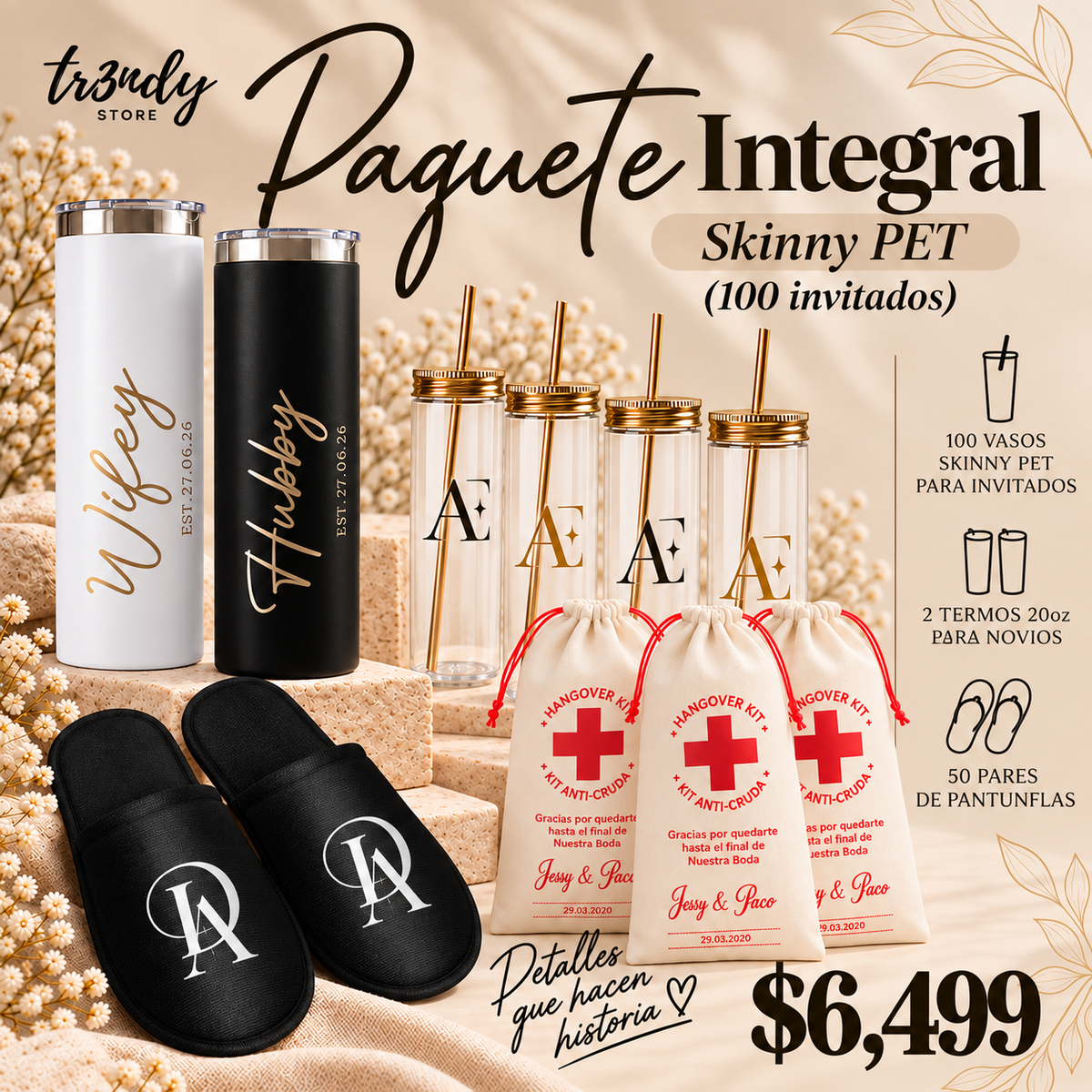 Paquete Integral para Boda | 100 Invitados · Vaso Skinny Pet  20 oz + Pantunflas+ Kit Anti-Cruda