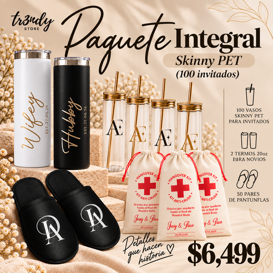 Paquete Integral para Boda | 100 Invitados · Vaso Skinny Pet  20 oz + Pantunflas+ Kit Anti-Cruda