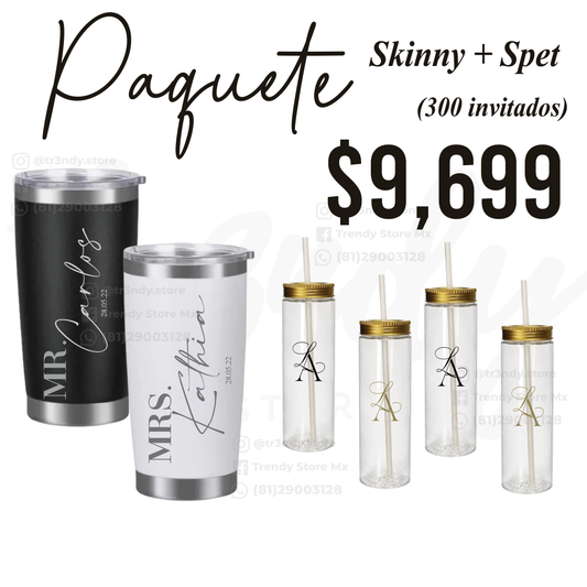 Paquete de Vasos para Boda 300 Invitados | Skinny PET 20oz + Vasos de Novios Acero 20oz Regular