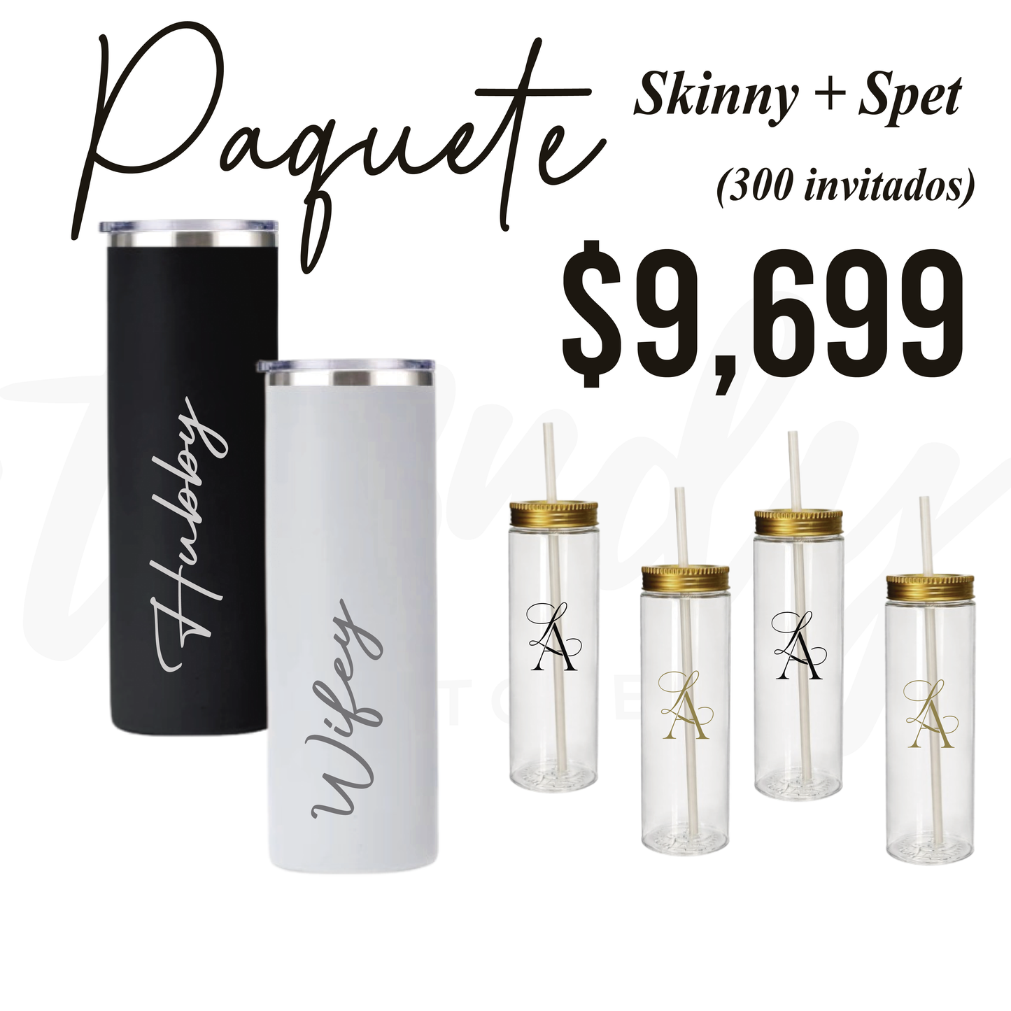 Paquete de Vasos para Boda 300 Invitados | Skinny PET 20oz + Vasos de Novios Acero 20oz Skinny