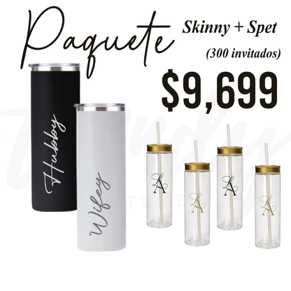 Paquete de Vasos para Boda 300 Invitados | Skinny PET 20oz + Vasos de Novios Acero 20oz Skinny
