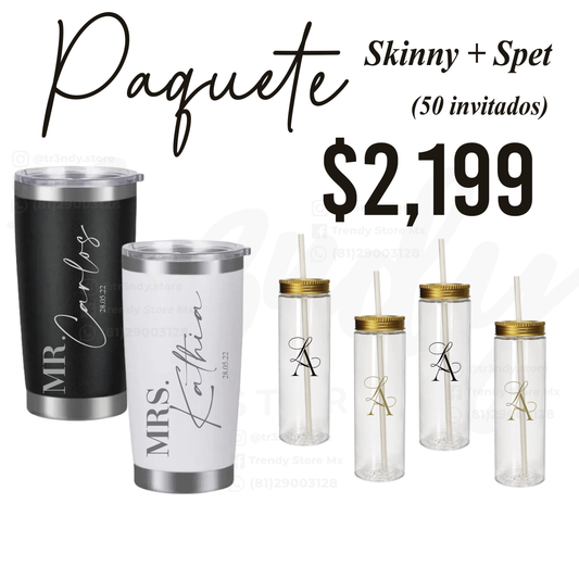 Paquete de Vasos para Boda 50 Invitados | Skinny PET 20oz + Vasos de Novios Acero 20oz Regular