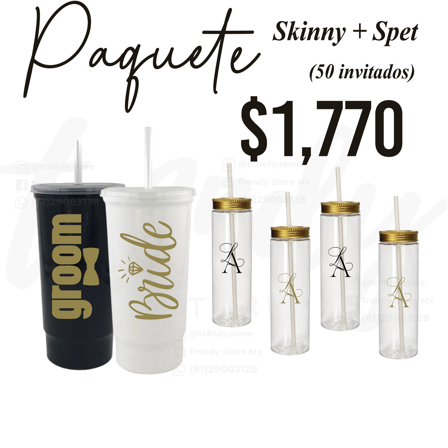Paquete de Vasos para Boda 50 Invitados | Skinny PET 20oz + Vasos de novios Bachelord
