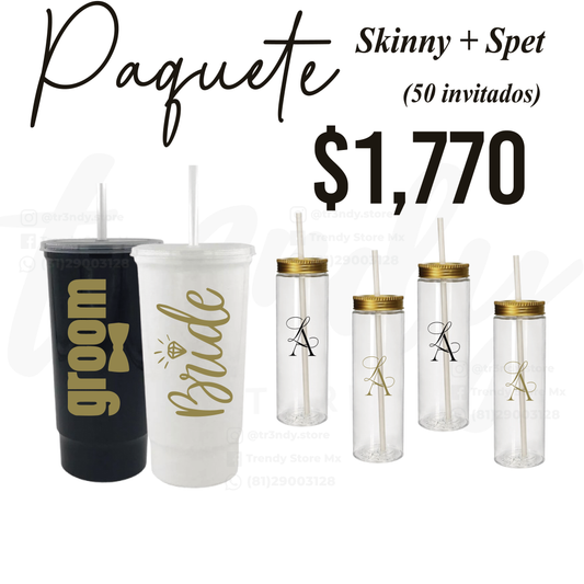Paquete de Vasos para Boda 50 Invitados | Skinny PET 20oz + Vasos de novios Bachelord