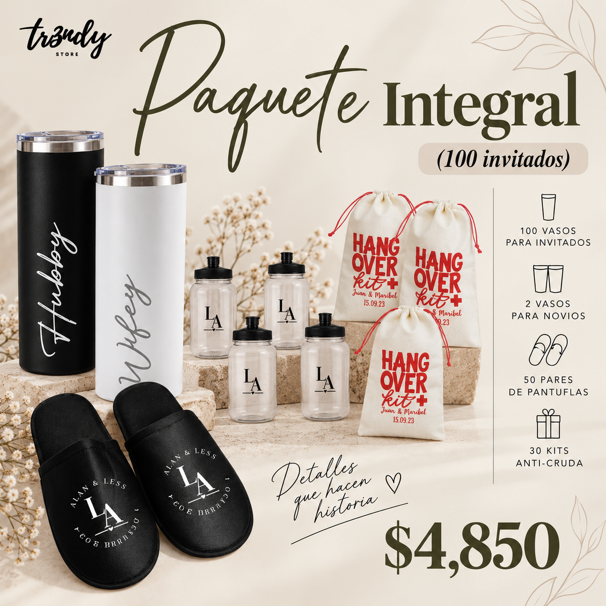 Paquete Integral para Boda | 100 Invitados · Vaso 500ml + Pantunflas + Kit Anti-Cruda