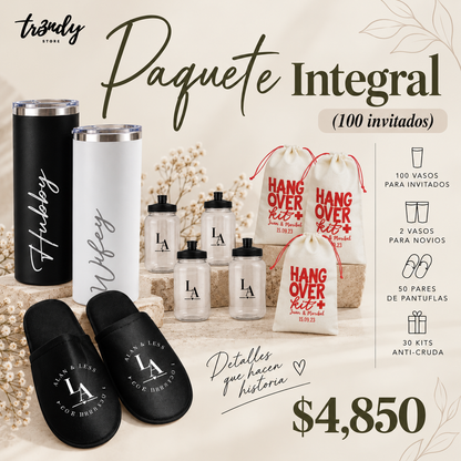 Paquete Integral para Boda | 100 Invitados · Vaso 500ml + Pantunflas + Kit Anti-Cruda