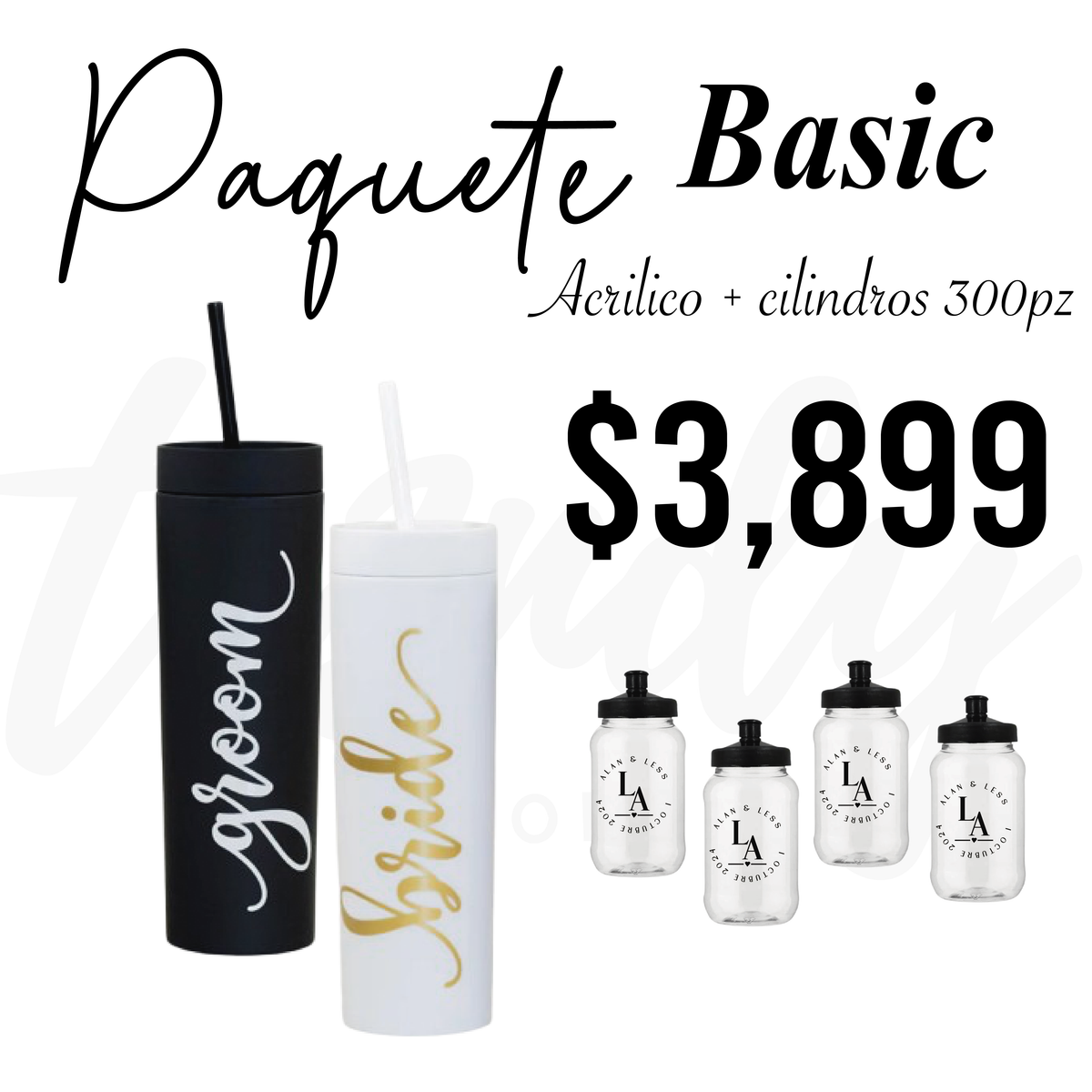 Paquete de boda 300 invitados | cilindro 500ml &nbsp; + vasos de novios Skinny 20oz acrilico