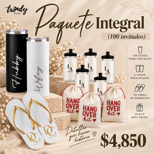 Paquete Integral para Boda | 100 Invitados · Vaso 500ml + Sandalias + Kit Anti-Cruda