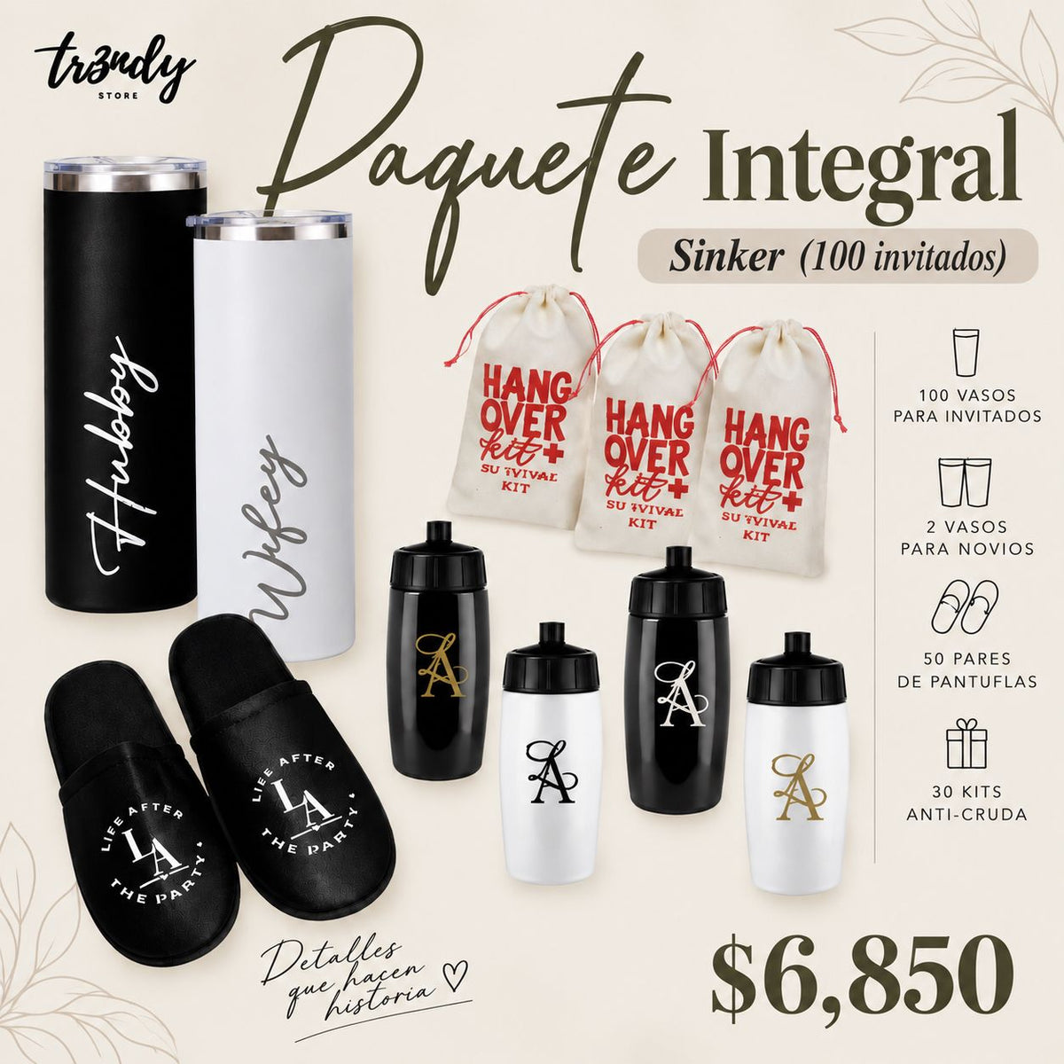 Paquete Integral para Boda | 100 Invitados · Vaso Sinker + Pantuflas + Kit Anti-Cruda