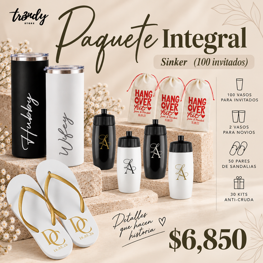 Paquete Integral para Boda | 100 Invitados · Vaso Sinker + Sandalia + Kit Anti-Cruda