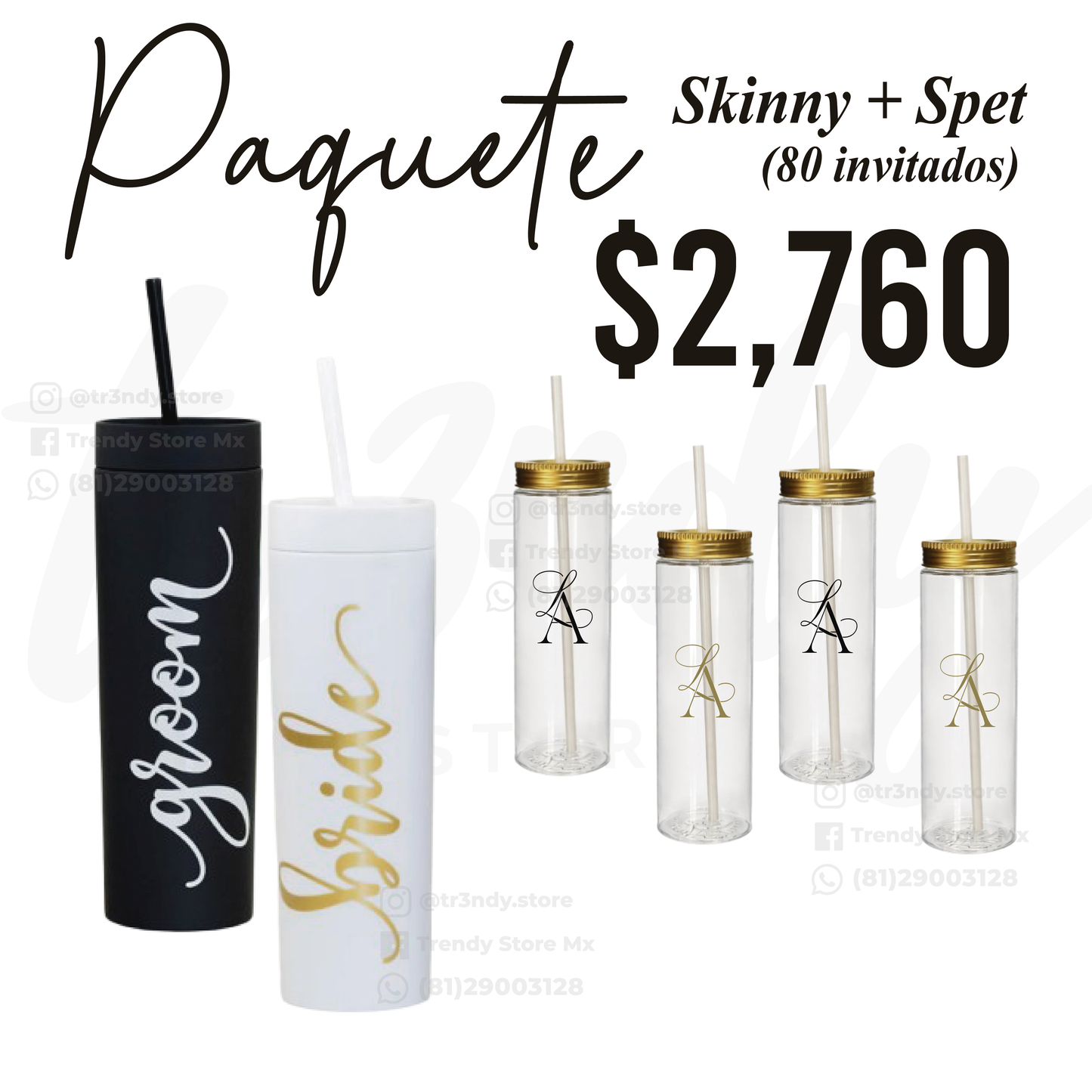 Paquete de boda 80 invitados | Skinny PET + vasos de novios Skinny 20oz acrilico