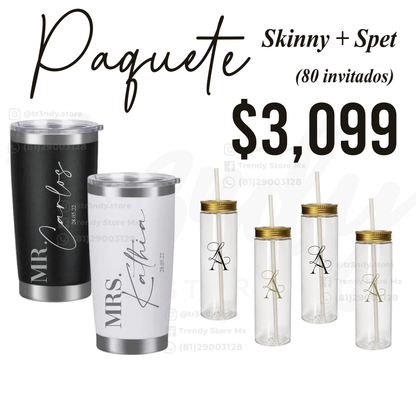 Paquete de Vasos para Boda 80 Invitados | Skinny PET 20oz + Vasos de Novios Acero 20oz Regular