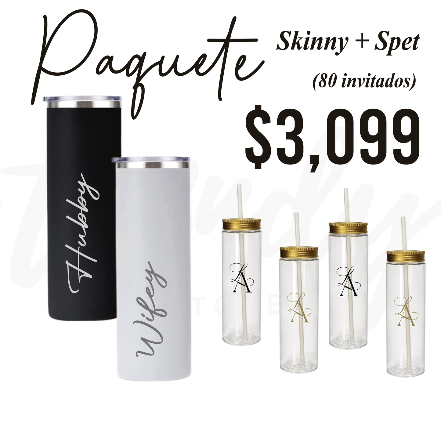 Paquete de Vasos para Boda 80 Invitados | Skinny PET 20oz + Vasos de Novios Acero Skinny 20oz Regular