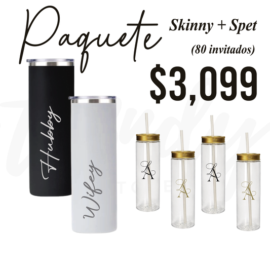 Paquete de Vasos para Boda 80 Invitados | Skinny PET 20oz + Vasos de Novios Acero Skinny 20oz Regular