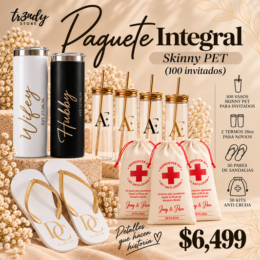 Paquete Integral para Boda | 100 Invitados · Vaso Skinny Pet 20 oz + Sandalias + kit-anticruda