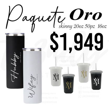 Paquete Boda 50 Invitados Vasos Personalizados 16oz + Skinny 20oz Acero Novios