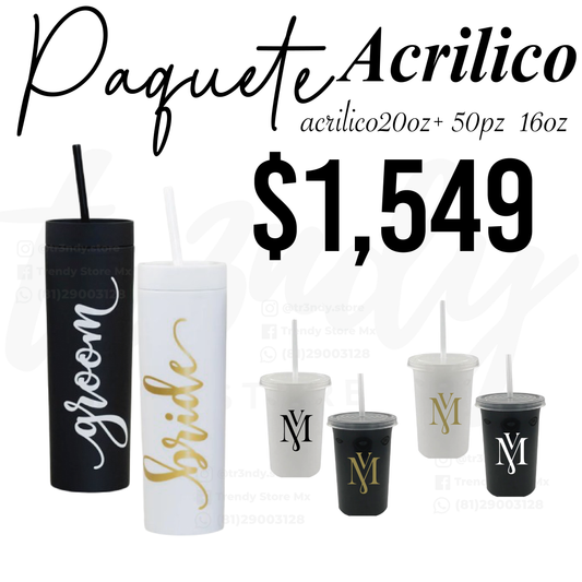 Paquete de boda 50 invitados + vasos de novios Skinny 20oz acrilico