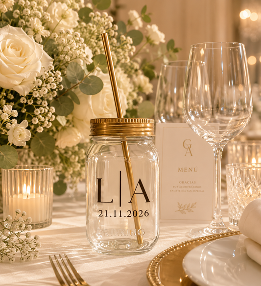 Paquete de Boda 200 Invitados | Vasos drinking 600ml con Popote + Termos de Novios Skinny 20oz Acero
