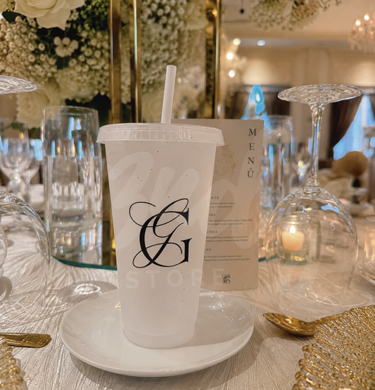 Paquete de Boda 100 Invitados | Vasos 24oz con Popote + Termos de Novios 20oz Skinny Acrilico