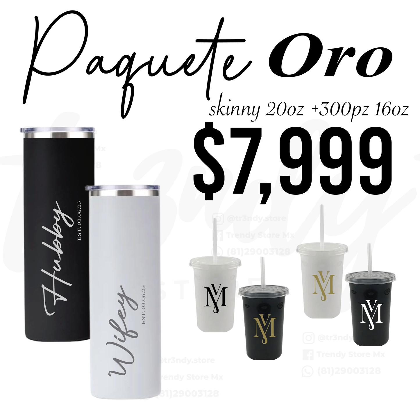 Paquete de boda 300 invitados + vasos de novios Skinny 20oz acero inoxidable