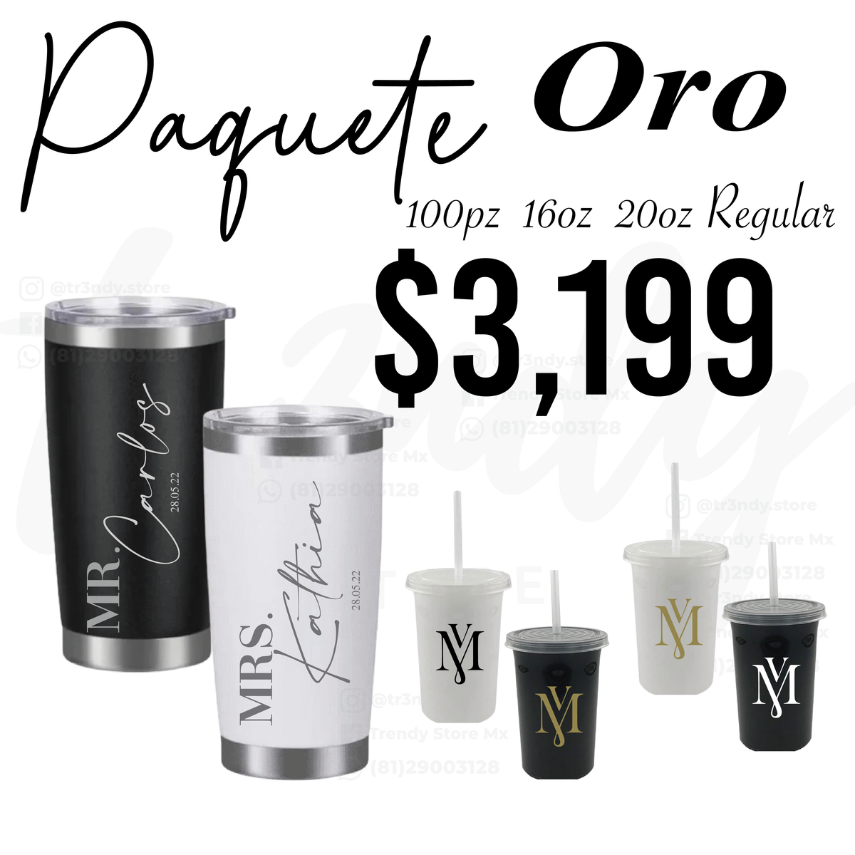Paquete de boda 100 invitados + vasos de novios Regular 20oz acero inoxidable