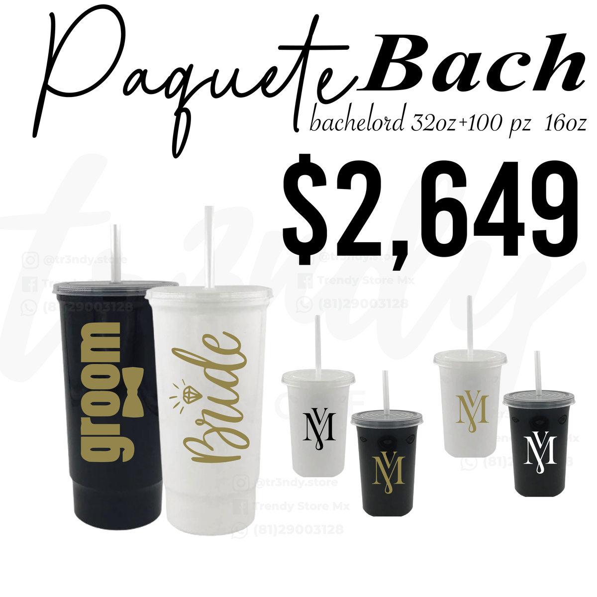 Paquete de boda 100 invitados + vasos de novios Bachelord