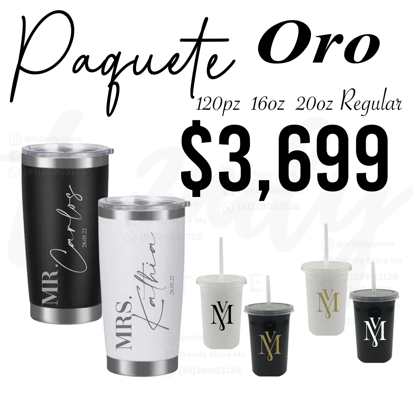 Paquete de boda 120 invitados + vasos de novios Regular 20oz acero inoxidable