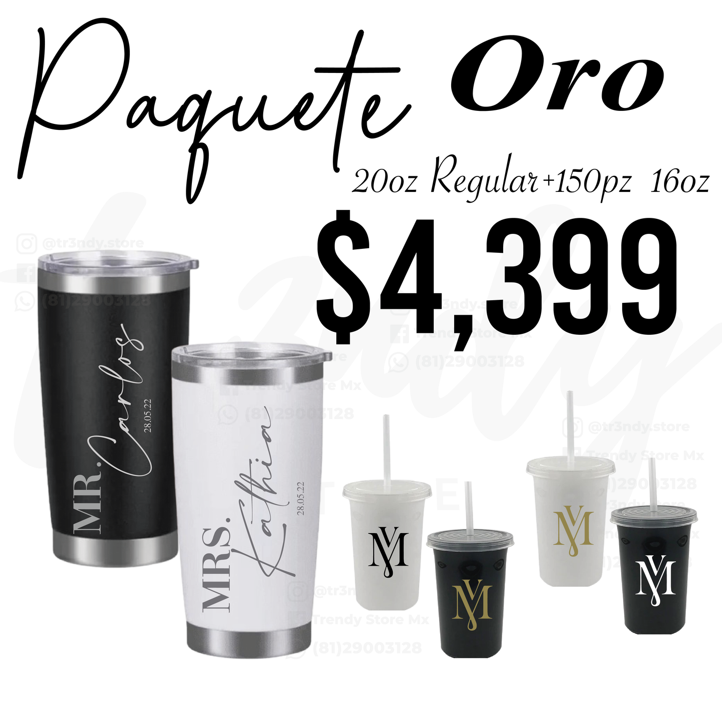 Paquete de boda 150 invitados + vasos de novios Regular 20oz acero inoxidable