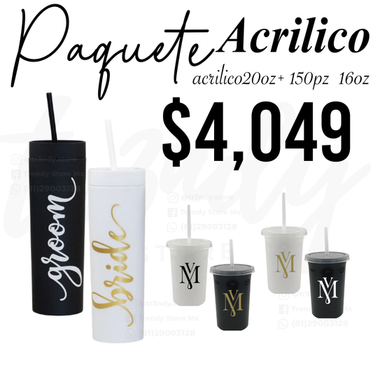 Paquete de boda 150 invitados + 2  vasos de novios Skinny 20oz acrilico