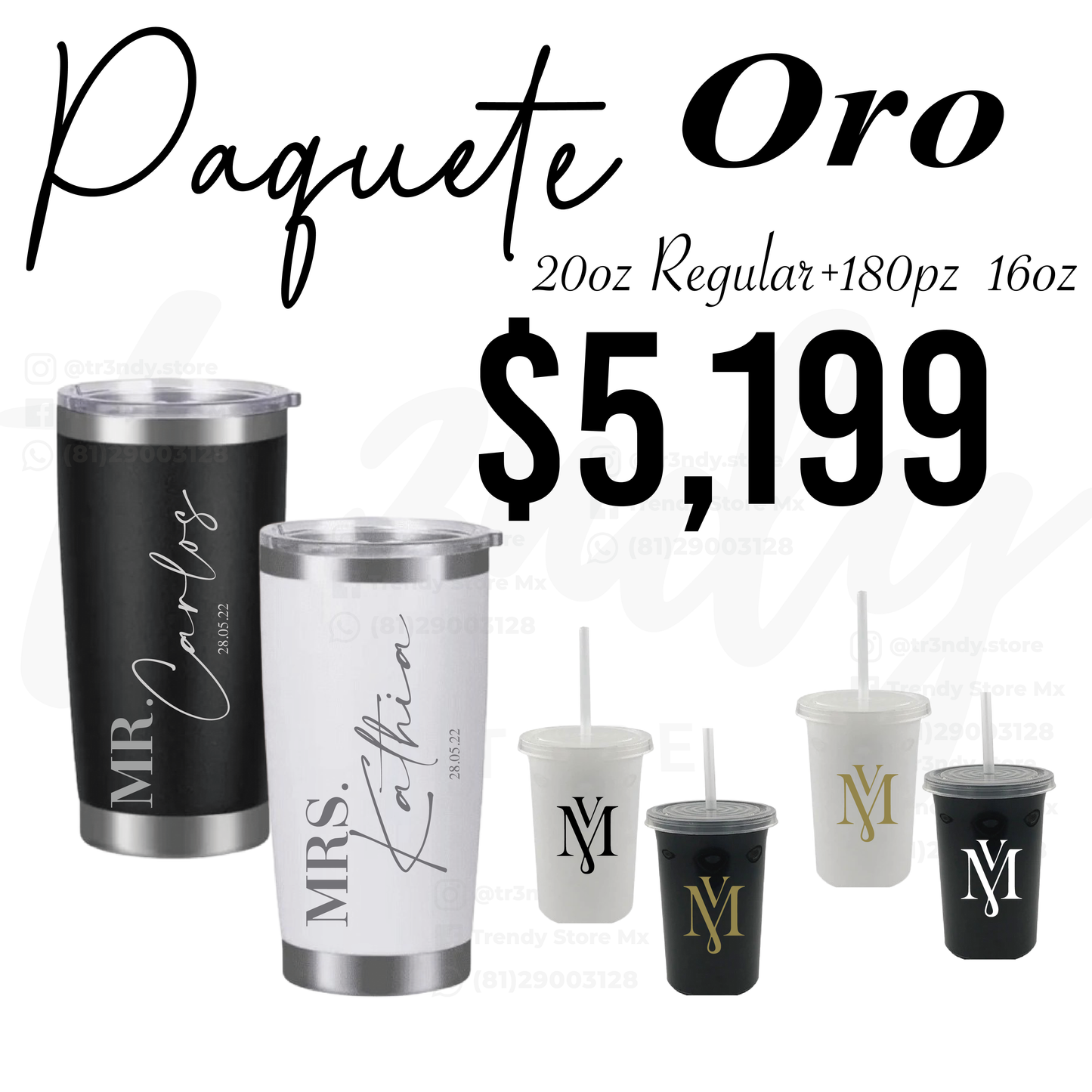Paquete de boda 180 invitados + vasos de novios Regular 20oz acero inoxidable