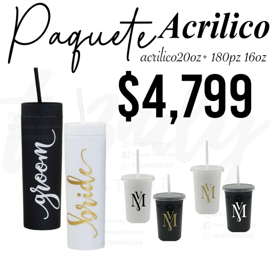Paquete de boda 180 invitados + 2 vasos de novios Skinny 20oz acrilico