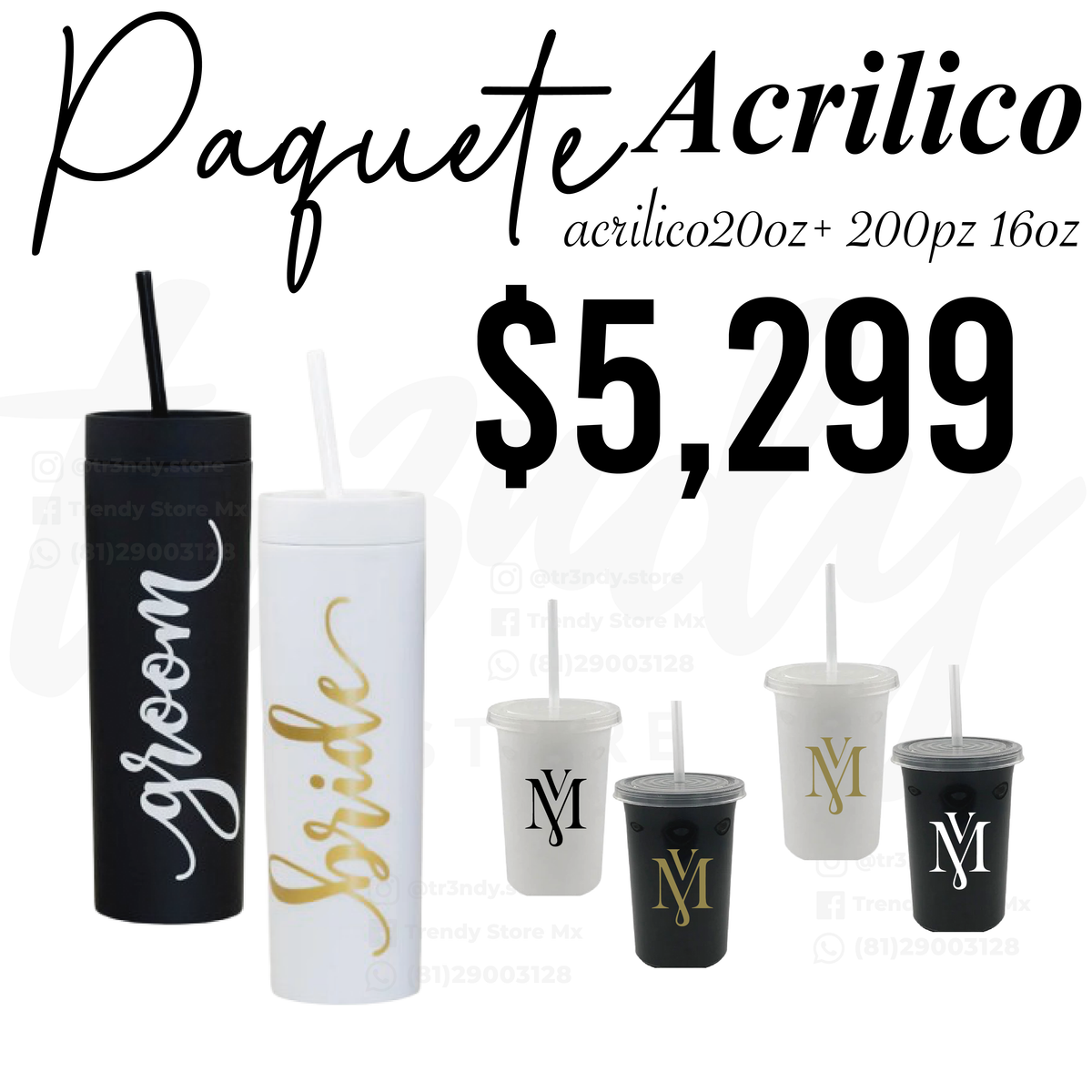 Paquete de boda 200 invitados + 2 vasos de novios Skinny 20oz acrilico