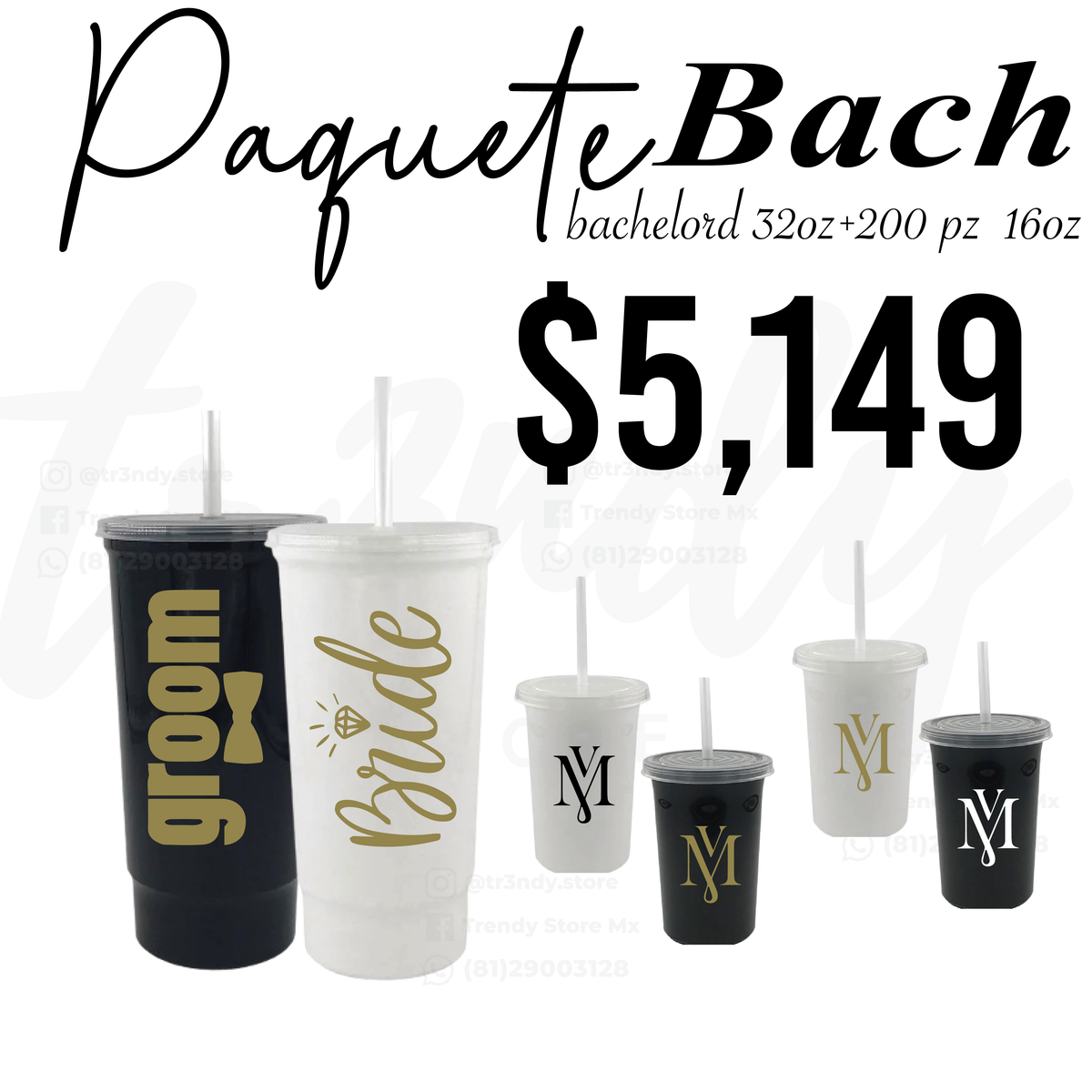 Paquete de boda 200 invitados + vasos de novios Bachelord