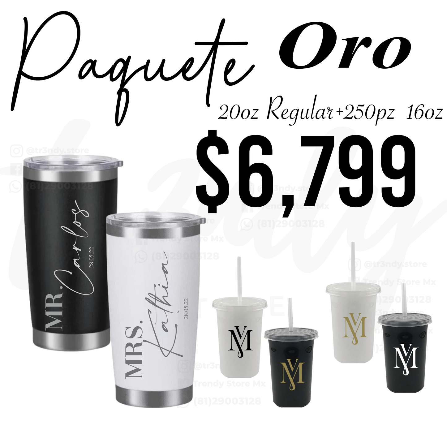 Paquete de boda 250 invitados + vasos de novios Regular 20oz acero inoxidable