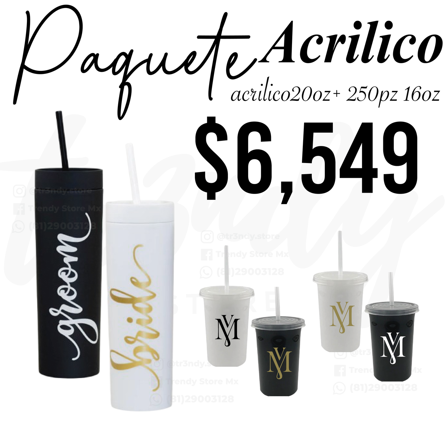 Paquete de boda 250 invitados + 2 vasos de novios Skinny 20oz acrilico