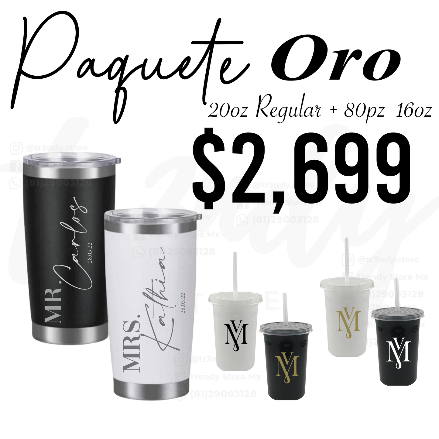 Paquete de Boda 80 Invitados | Vasos 16oz + Vasos de Novios Regular  20oz Acero
