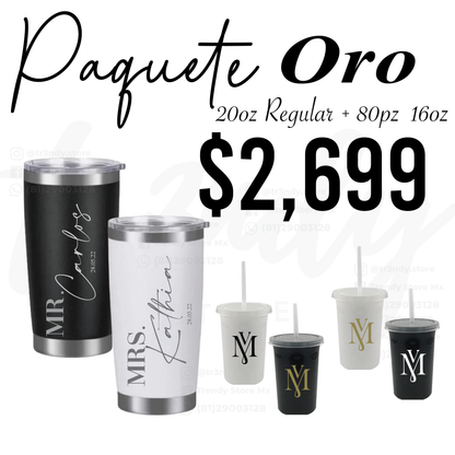 Paquete de Boda 80 Invitados | Vasos 16oz + Vasos de Novios Regular  20oz Acero