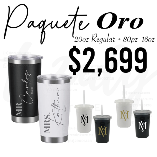 Paquete de Boda 80 Invitados | Vasos 16oz + Vasos de Novios Regular  20oz Acero